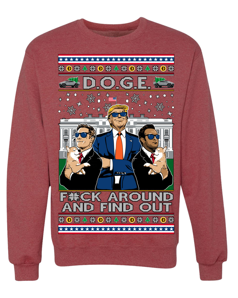 Doge F Around and Find Out Donald Trump Elon Vivek MAGA Ugly Christmas Sweater Crewneck Sweatshirt