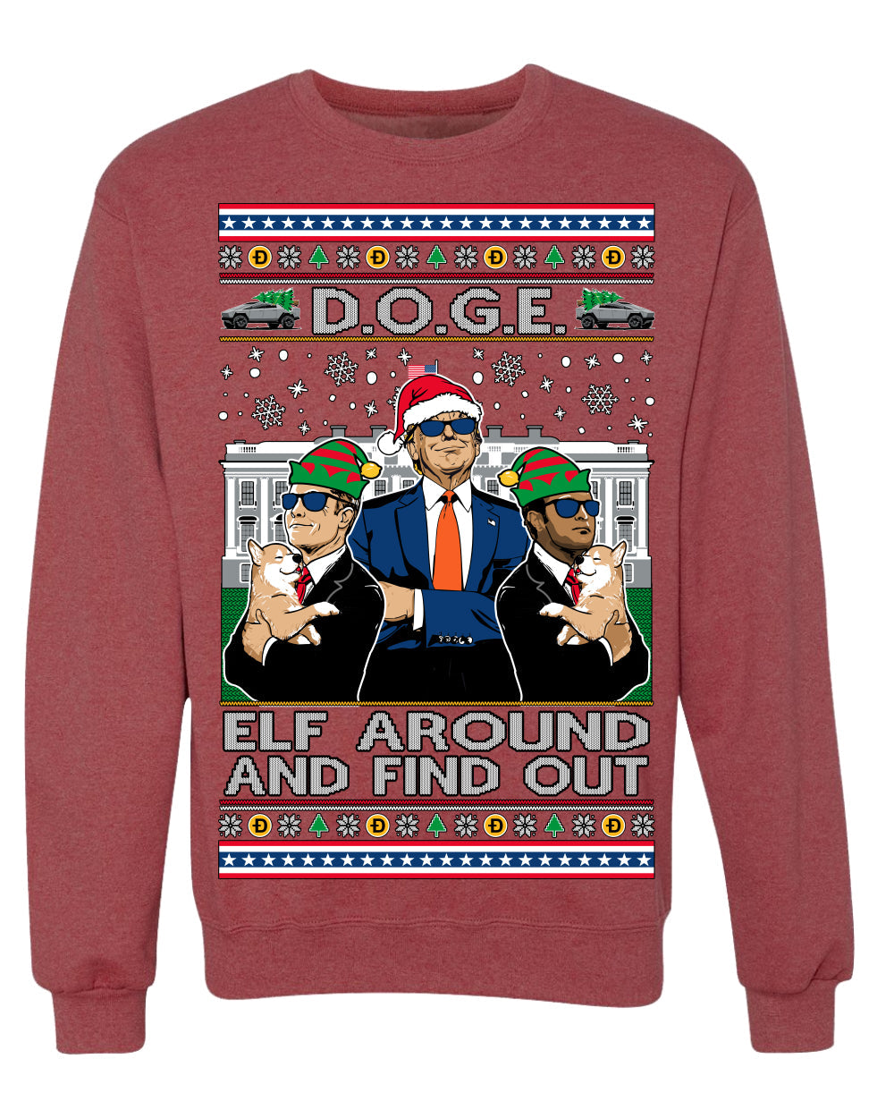Doge Elf Around and Find Out Trump Elon Vivek MAGA Ugly Christmas Sweater Crewneck Sweatshirt