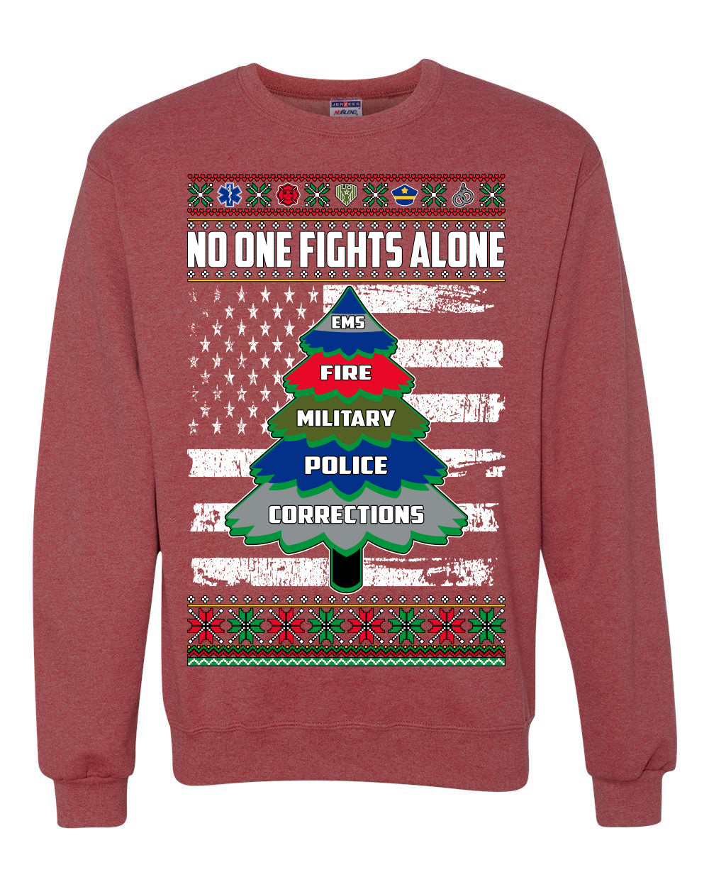 No One Fights Alone Holiday First Responder Police Fire Emt Ugly Christmas Sweater Unisex Crewneck Sweatshirt