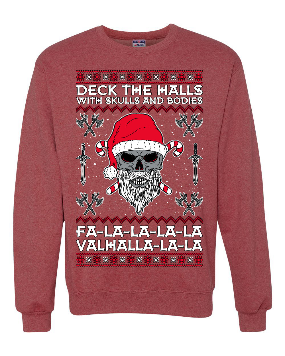 Valhalla Deck The Halls With Skulls & Bodies Ugly Christmas Sweater Unisex Crewneck Sweatshirt