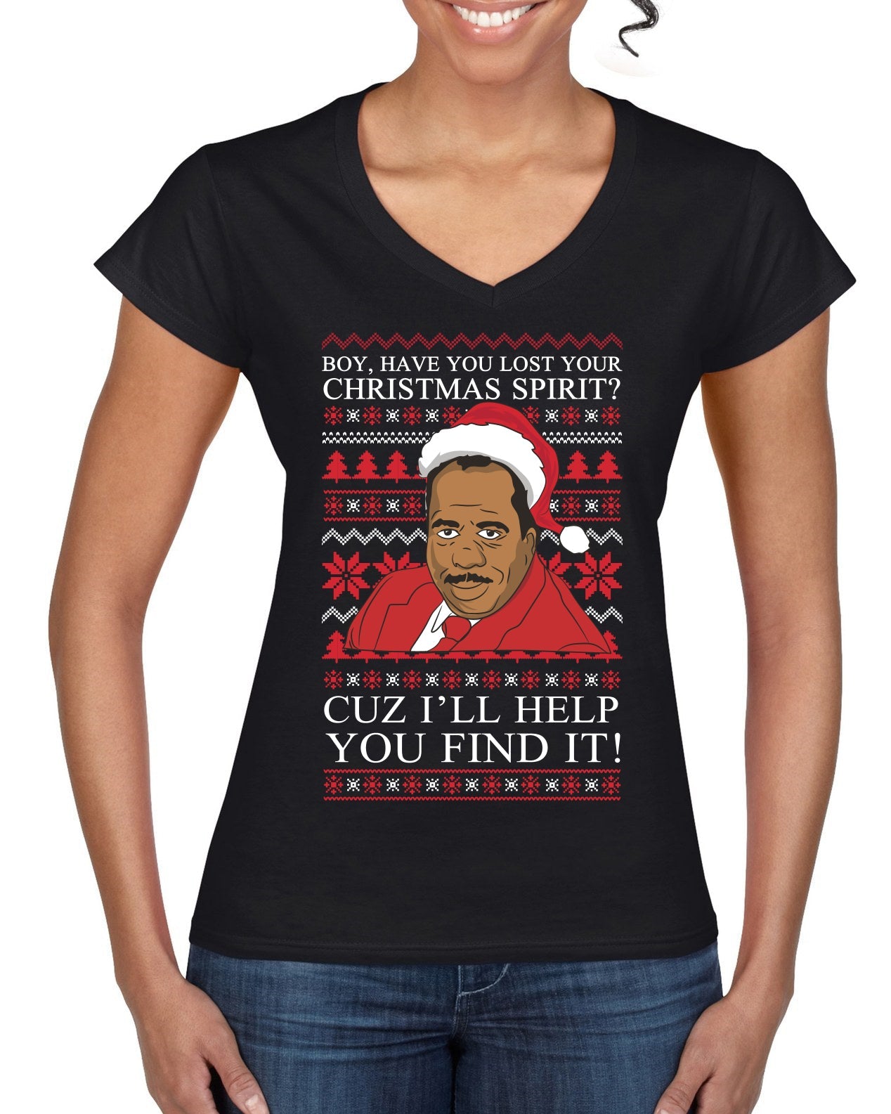 Christmas Spirit I'll Help You Find It Stanley Hudson Ugly Christmas Sweater Women’s Standard V-Neck Tee
