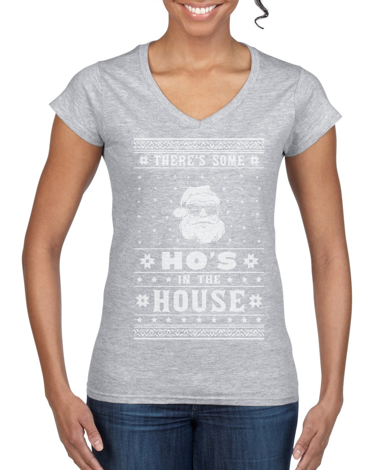 Theres Some Hos in the House Santa Ugly Christmas Sweater Women’s Standard V-Neck Tee
