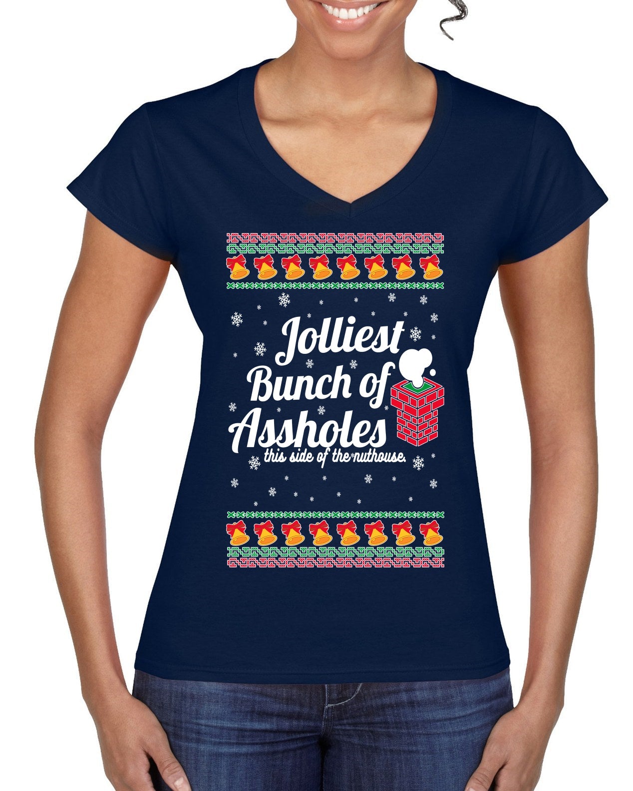Jolliest Bunch of Assholes Xmas Movie Ugly Christmas Sweater Women’s Standard V-Neck Tee
