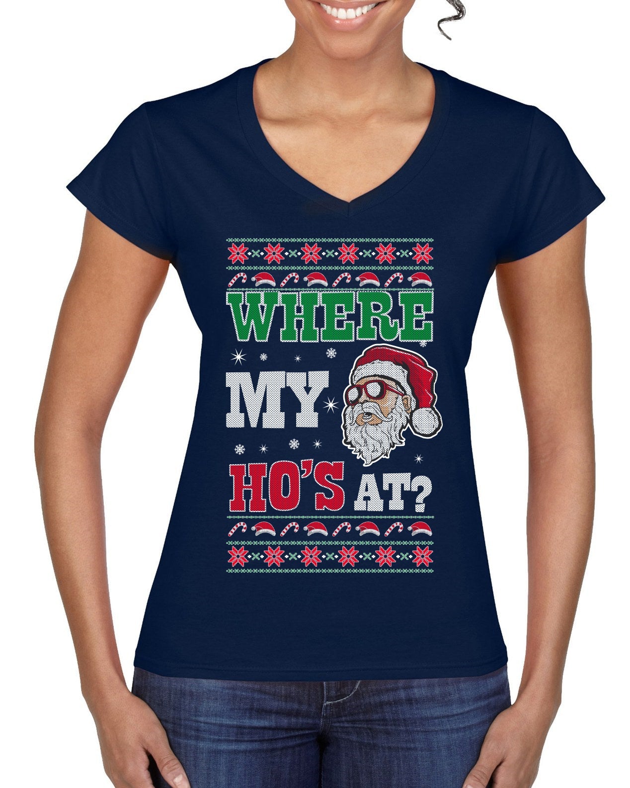 Where my Hos At Santa Funny Ugly Christmas Sweater Women’s Standard V-Neck Tee