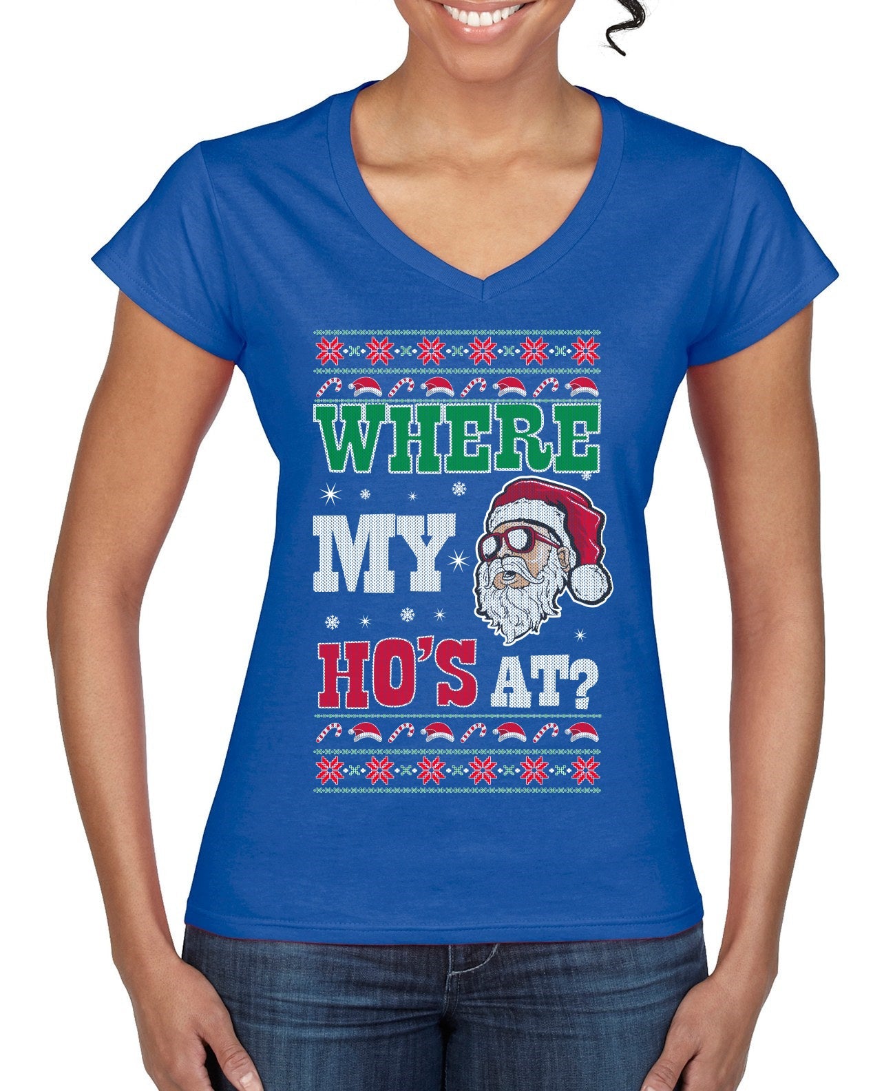 Where my Hos At Santa Funny Ugly Christmas Sweater Women’s Standard V-Neck Tee